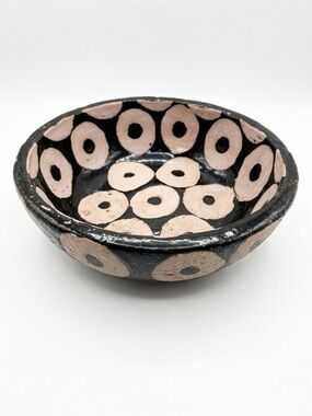 Mud Pie Unique Dotted Ceramic Bowl Brown & Tan Abstract Bullseye Design Midsize